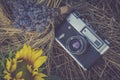 Old photo camera in a grass.