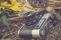 Old photo camera in a grass. Royalty Free Stock Photo