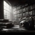Old photo camera in style in a library. Nostalgia and loneliness. Leisure and forgotten past.