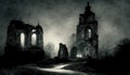 Old photo with creepy cemetery and abandoned church ruins. Mystic gloomy scene. AI generated