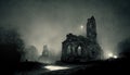 Old photo with creepy cemetery and abandoned church ruins. Mystic gloomy scene. Royalty Free Stock Photo