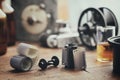 Old photo film rolls, cassette and photographic equipment on background - developing tank with its film reels, retro camera, timer