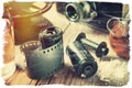 Old photo film rolls, cassette, retro camera and chemical reagents for photographic film. Royalty Free Stock Photo