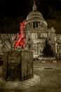 Old photo with night view of St. Paul Cathedral Illuminated statue in front