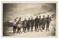 Old photo skiing young people snow Vintage picture