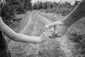 Old photo of a stylish hand of a parent and child in nature on a park background