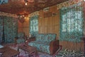 Old photo of Walnut wood Furniture Wall and Bamboo Ceiling in Kashmiri Shikara House Boat Srinagar Royalty Free Stock Photo