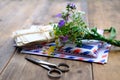 Old photographs, envelopes from letters, wild flowers bouquet on table, home archive documents, concept of family tree, genealogy Royalty Free Stock Photo