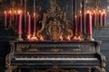 Old piano with burning candles and candlesticks in the dark interior