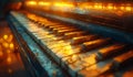 Old piano keys close up in warm colors of the sunset. Royalty Free Stock Photo