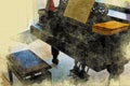 Old piano with music sheets in watercolor style Royalty Free Stock Photo