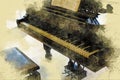 Old piano with music sheets in watercolor style Royalty Free Stock Photo