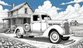 Old pickup antique minimal line drawing farm house Royalty Free Stock Photo