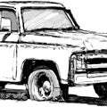 Old Pickup Car Sketch, Flat Tires