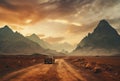 Old pickup truck driving along a dirt road against the backdrop of a mountain range. AI-generated. Royalty Free Stock Photo