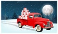 An old pickup truck with many gifts in the back against the background of a winter forest. Vector image. Christmas background
