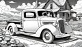 Old pickup vintage monochrome line drawing simple house