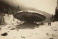 Old picture of crashed huge flat flying saucer down crashed against the rocky mountain. Generative AI