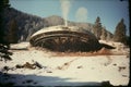 Old picture of crashed huge flat flying saucer down crashed against the rocky mountain. Generative AI