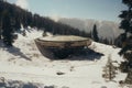 Old picture of crashed huge flat flying saucer down crashed against the rocky mountain. Generative AI