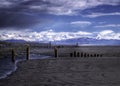 Old pier pillars on an Alaskan Beach with clouds