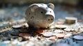 old piggy bank in the shape of a white porcelain pig with coins scattered nearby, concept Conquering Financial Struggles Royalty Free Stock Photo