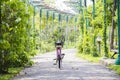 Old pink bicycle parking in park on road with selective focus. Royalty Free Stock Photo