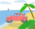 Old pink car on the beach. Royalty Free Stock Photo