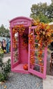 Old pink telephone booth, decorated with autumn leaves and pumpkins.