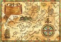 Old pirate map with ship, banner and rose of winds Royalty Free Stock Photo