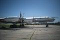 Old plane. Hull, chassis, engines and propellers of an old plane. large, cargo, military aircraft with a large payload Royalty Free Stock Photo