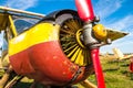 Old plane propeller. Vintage fighter plane closeup