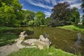 Old plane tree in park and small lake in Stupava near manor house Royalty Free Stock Photo