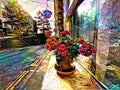 Old plant pot, with red flowers, on an old cottage window sill in, Hebden Bridge, Yorkshire, (Style)