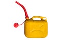 Old plastic five-liter fuel tank in yellow color for transporting and storing petrol with a funnel for fuel. Isolated  on a white Royalty Free Stock Photo