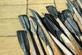 Old plastic oars on wooden floor Royalty Free Stock Photo