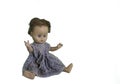 Old play doll with short hair and hands in the air. isolated Royalty Free Stock Photo