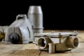 Old plug and socket high voltage. Old electrical accessories. Wooden table. Royalty Free Stock Photo