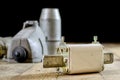 Old plug and socket high voltage. Old electrical accessories. Wooden table. Royalty Free Stock Photo