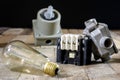 Old plug and socket high voltage. Old electrical accessories. Wo Royalty Free Stock Photo