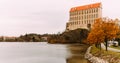 The old Plumlov castle builded in Baroque architecture style in Plumlov town on the pond bank, Moravia, Czech Republic