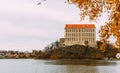 The old Plumlov castle builded in Baroque architecture style in Plumlov town on the pond bank, Moravia, Czech Republic