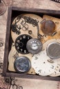 Old pocket watch and clock face in vintage box Royalty Free Stock Photo