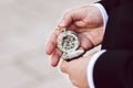 Old pocket watch in the hands of a man Royalty Free Stock Photo