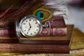 Old pocket watch,peacock feather and books on a table