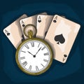 Old pocket watch and playing cards Royalty Free Stock Photo