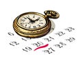 Old pocket watch is sitting on a calendar. Deadline concept. Time and planning. Vector.