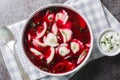 Old Polish beetroot borscht with traditional uszka dumplings stuffed with cabbage and mushrooms close-up in a bowl. Horizontal top Royalty Free Stock Photo