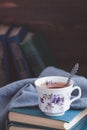 Old porcelain cup with tea on old books Royalty Free Stock Photo
