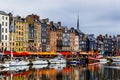 Colorful bulding and waterfront of Honfleur harbor in Normandy, France.